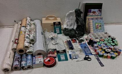 Large Mixed Craft and Sewing Supplies Lot: 30+ Spools, Tools, Storage Boxes, Notebooks