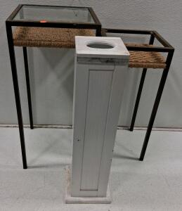 Set of 2 Pedestal Plant Display Stands, Metal-Rattan & White Tissue Holder, Multiple Heights, Indoor