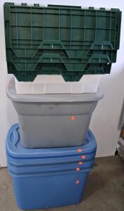 Assorted Plastic Storage Totes &ndash; Set of 5+, Stackable, Blue/Gray/Green