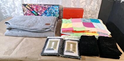 (1) Pendleton Home Collection 48" x 72" Weighted Blanket W/ Removable Velvet Soft Gray Cover, (1) Vintage 76" x 94" Patchwork Quilt, (6) 52"W x 16"T Black Velvet Valances, (1) Dropmix Electronic Musick Mixing Game & (1) 6-Piece Color Keyed Coin Funnel Tub