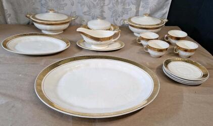 (16) Pieces Of Vintage 18K Gold Rimmed Porcelain Dinnerware