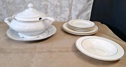 (1) Vintage Porcelain Walbrzych Soup Tureen W/ Ladle, Underplate & Embossed Gold Trim & (6) Pieces Of Assorted Modern Dinnerware