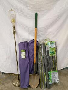 Brass Floor Lamp, 60 in Height, Rotary Switch, Weighted Base, Standard Socket, (2) Foldable Chairs, Shovel, Pipe Covers