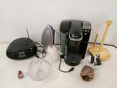 Keurig Single Serve Coffee Maker K-Elite Style, Black, 60 oz Reservoir, Digital Display, Hamilton Beach Iron, Insignia Radio.