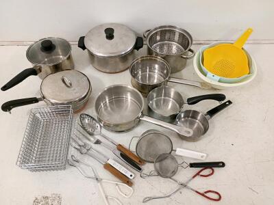 Large Mixed Lot Farberware Stainless Steel & Copper Cookware, Utensils, Colanders, Baskets