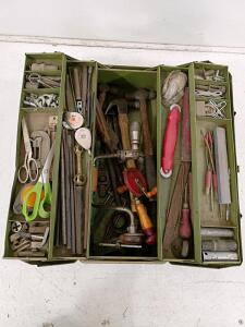 Vintage Olive Green Metal Toolbox With ~40 Assorted Hand Tools, Eggbeater Drill, Files & More