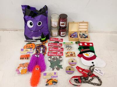Mixed Holiday Craft & Decor Lot - Halloween & Christmas, Candles, Ornaments, Stickers, 40+ Pieces
