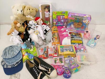 Large Mixed Lot: Fisher-Price, Polly Pocket, Barbie, Plush, Dolls, Miniatures, Kids Shoes & Hats