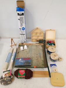 Mixed Arts & Crafts Lot &ndash; Paper Cutter, Tripod Easel, Airbrush Kit, Twine, Yarn, Hardware
