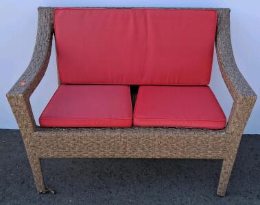 Outdoor Wicker Patio Loveseat, Tan Frame with Red Cushions, 42.5" W x 24.5" D x 35.75" H