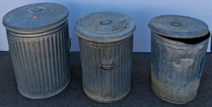 Set of 3 Galvanized Steel Trash Cans, 20 Gallon Capacity, with Lids and Handles