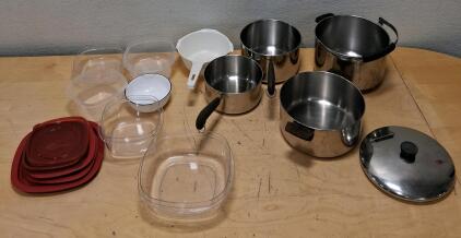 Mixed Kitchenware Lot &ndash; Stainless Steel Pots, Rubbermaid Containers, Strainer, Enamel Bowl