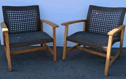 Outdoor Lounge Armchairs with Wood Frame and Woven Resin Seats, 28" Wide