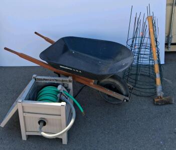 SERVISTAR S4 4 cu. ft. Poly Wheelbarrow, Hose Reel, Tomato Cages, Sledgehammer Set