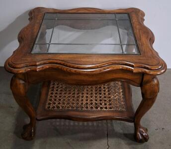 Antique Square End Table with Glass Top, Cane Shelf, and Carved Cabriole Legs
