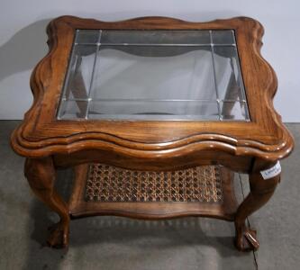 French Provincial Square End Table with Glass Top and Cane Shelf