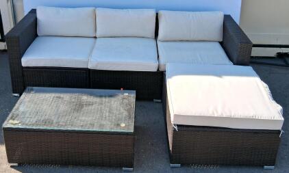5-Piece Outdoor Wicker Patio Sectional Sofa Set with Ottoman & Glass Coffee Table, Brown/Cream