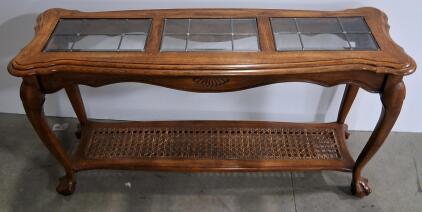 Traditional Wood and Glass Table with Woven Shelf and Cabriole Legs