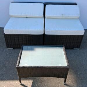 Outdoor Wicker Patio Set - 2 Cushioned Seats, Glass Coffee Table, 51" Wide, Removable Covers