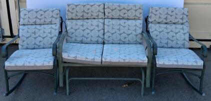 Outdoor Patio Furniture Set with 2 Metal Rocking Chairs & Glider Loveseat, Blue-Gray Cushions
