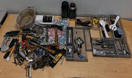 Large Mixed Lot &ndash; Hand Tools, Kitchen Flatware Set, Stanley Thermos, Mesh Organizers, PowerShot Stapler