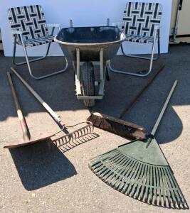 Wheelbarrow, Shovel, Leaf Rake, Garden Rake, Push Broom, & 2 Folding Lawn Chairs Set