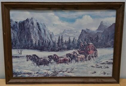 1977 Rozzi Western Stagecoach Original Signed Painting, 34&rdquo; x 24&rdquo; Framed Art