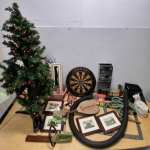 Mixed Lot: 4.5 ft Artificial Christmas Tree, Dartboard, GE HD Antenna, Racquetball Racquet, Decor