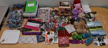 Large Mixed Lot: Puzzles, Plush Bears, Craft & Sewing Supplies, Notebooks, Holiday Tin, Shower Curtains