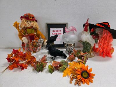 Assorted Fall & Halloween Decor Lot: Scarecrow, Glass Pitcher, Rooster, Lamp, Faux Crows