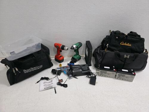 Working ChannelLock 3.6v Screwdriver, Hitachi Impact Driver, C3000A Router, 2 UltraTech 12V Batteries, Tool Lot