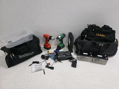Working ChannelLock 3.6v Screwdriver, Hitachi Impact Driver, C3000A Router, 2 UltraTech 12V Batteries, Tool Lot