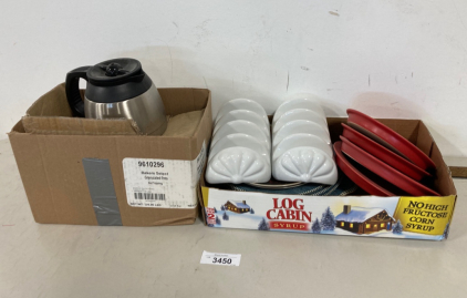 Glass Plates And Cofee Mugs With Coffe Pot