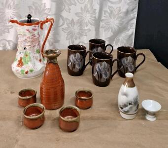 (1) Vintage 5-Piece Ceramic Japanese Sake Set, (1) (1) Vintage 2-Piece Ceramic Japanese Sake Set, (1) Vintage Japanese Porcelain Chocolate Pot & (4) Vintage OTAGIRI Japanese Iris Mugs