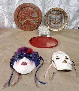 (2) Ceramic Masks, (1) Vintage Carved Alabaster Footed Box W/ Lid, (1) 10" Oval Wooden Tray & (2) Decorative Metal Plates