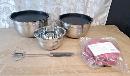 (1) Pampered Chef 3-Piece Cookware Protector Set, Item #1288, (3) Pampered Chef Stainless Steel Mixing Bowls W/ (2) Lids & (1) Spring Loaded Whisk