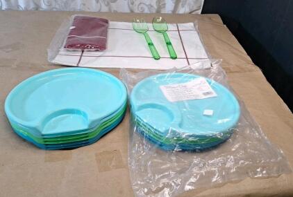 (2) Pampered Chef 6-Piece Outdoor Party Plate Sets, Item #2823, (1) Pampered Chef 2-Piece Cloth Napkin Set, (1) Pampered Chef 2-Piece Placemat Set & (1) Pampered Chef 2-Piece Salad Utencil Set