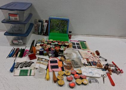 Large Sewing, Embroidery & Oil Painting Lot &ndash; 60+ Tools & Supplies, 3 Storage bins, Manuals