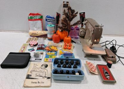 Vintage Electric Mechanical Sewing Machine with Cam Attachment Set & Manual, Tested Power