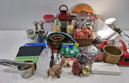Mixed Household Goods Lot: Maxell CD-Rs, ThermoScan, Kitchenware, Decor, Small Appliances
