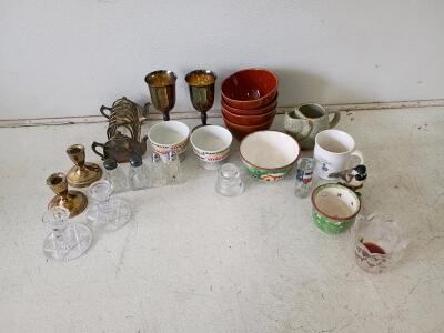 Vintage Glassware, Ceramic Bowls, Mugs, Engraved Goblets & Decor Lot &ndash; 25 Pieces