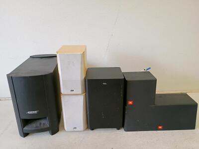 Mixed Speaker Lot: Bose CineMate II Subwoofer, TCL TS6100 Sub, JVC, JBL Center & Surround