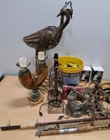Assorted Household Items: Metal Peacock Sculpture, Fishing Rods, Rooftop Kit, Spider-Man Lunch Box - 3