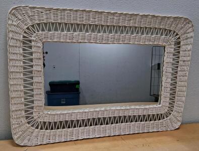 Vintage White Wicker Rectangular Wall Mirror, 39" x 23.5"