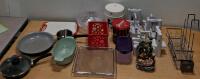 Mixed Kitchenware Lot: Spiralizers, Frying Pans, Storage, Racks & Decorative Figurine