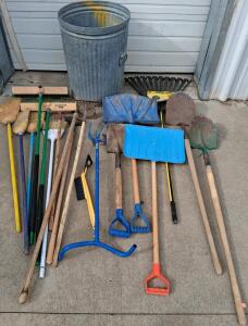 Mixed Lot&mdash;Stanley Rake, Push Brooms, Snow Shovels, Trash Can, Cultivator & More Garden Tools