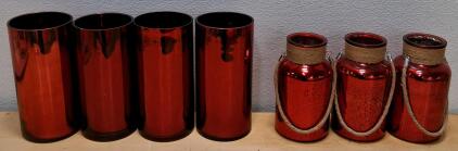 Set of 4 Red Glass Cylinder Vases 12"x4" & 3 Mercury Glass Lantern Jars Rope Handle 7.5"x5"