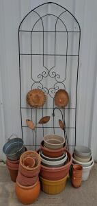 Assorted Garden Planters and Decorative Metal Trellis &ndash; 25+ Pieces, Various Sizes and Materials