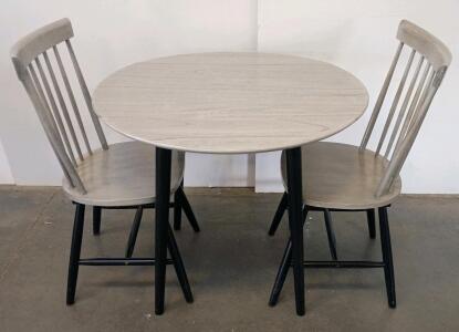 Light Gray Drop-Leaf Round Dining Table Set With 2 Windsor-Style Chairs