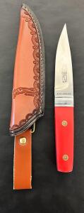 R.W. Loveless Fixed-Blade Knife, M390 Steel, Red Handle, Leather Sheath